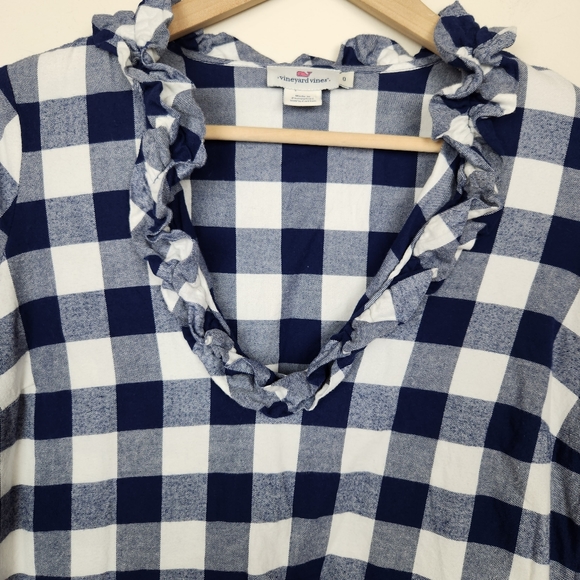Vineyard Vines Blue White Checkered Plaid Ruffle Neck Dress Sz 0 - Picture 4 of 6